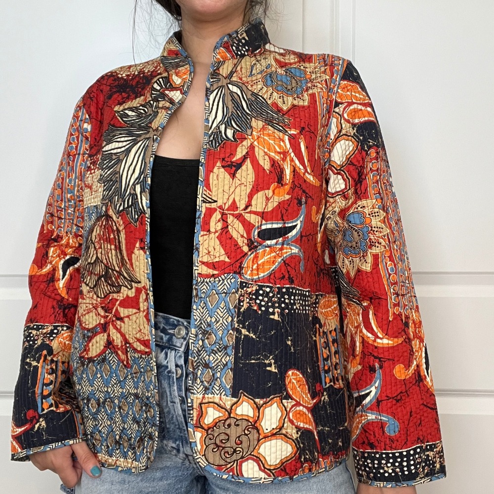 Reversible Quilted Jacket Women Large Multicolor Batik Floral Geometric
